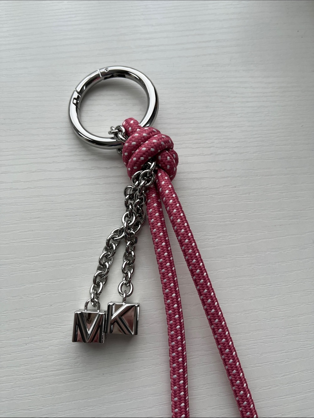 Michael Kors Pink Braided Rope Tassel Keyring, Bag Charm with Silver MK Charms - Picture 2 of 12